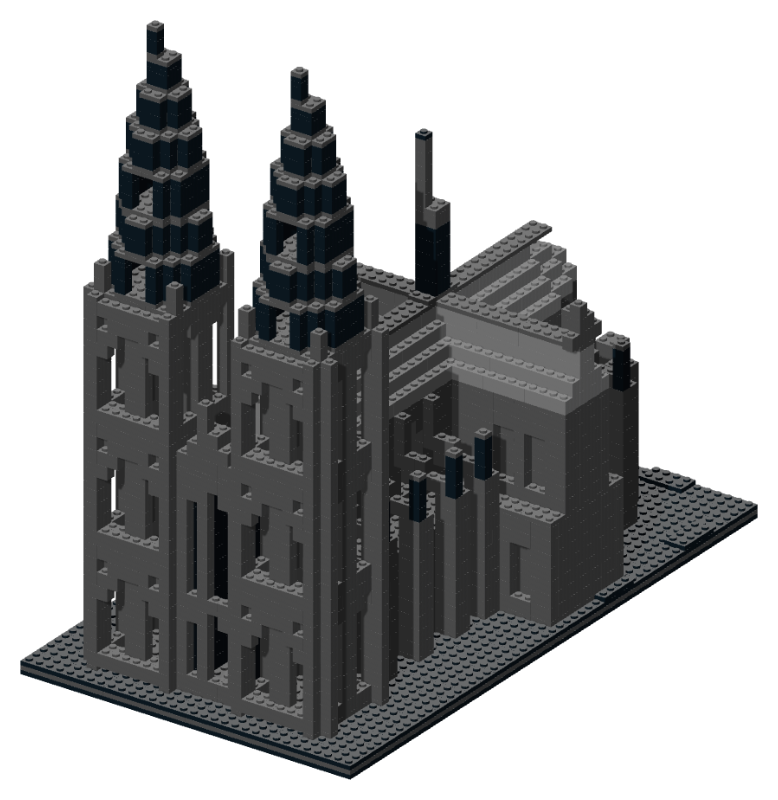 A dark gray brick model of Cologne Cathedral with twin towers